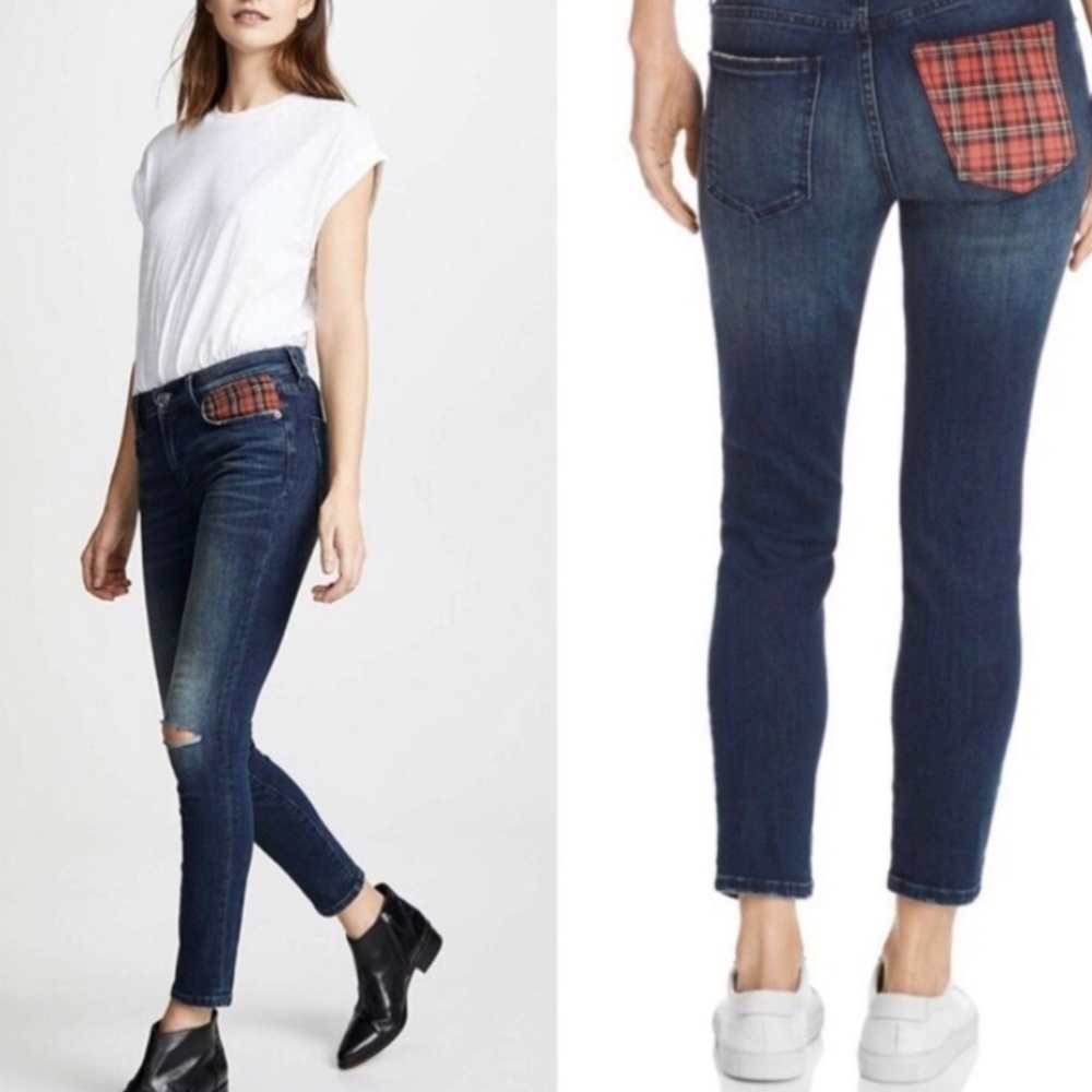 Current Elliot Stiletto Women's Blue Jeans Red Plaid Tartan Denim Sz 31 Holidays